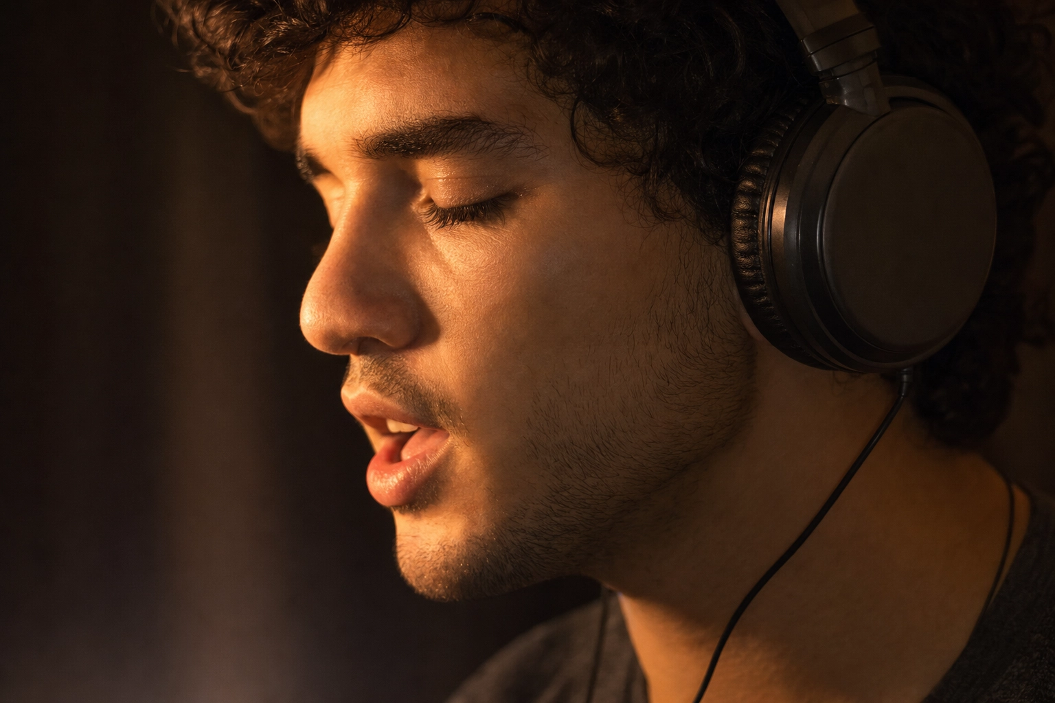 Close-up of a learner in headphones shadowing and repeating English movie lines aloud to practise pronunciation