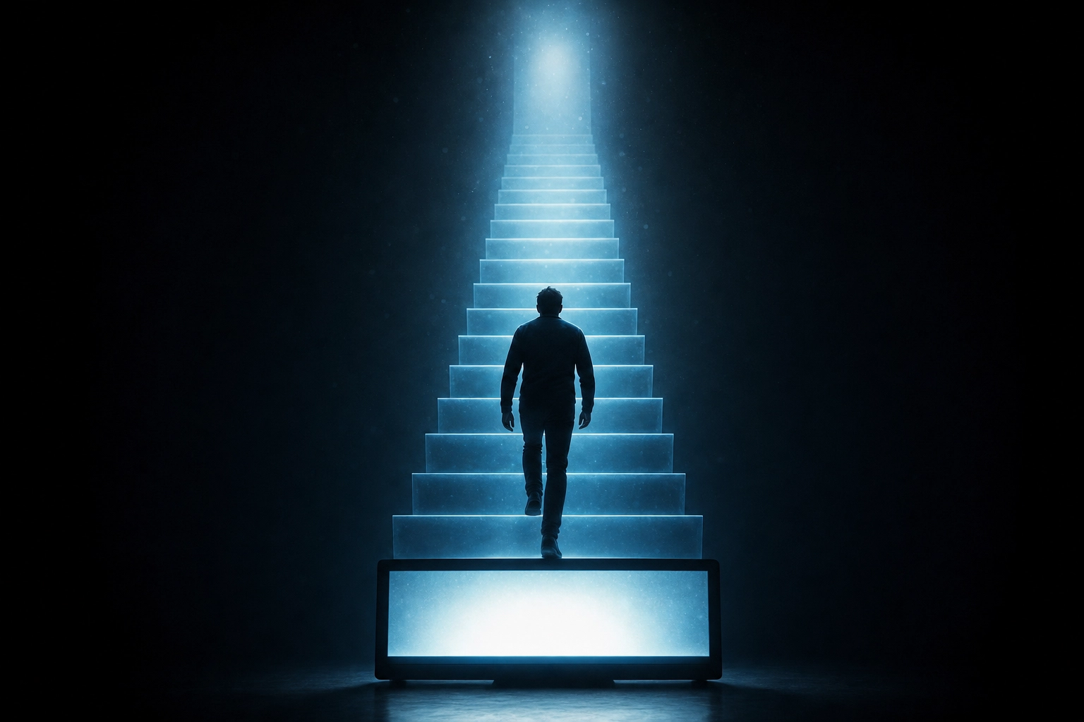 Conceptual glowing staircase rising from a screen, illustrating the subtitle ladder method for learning English