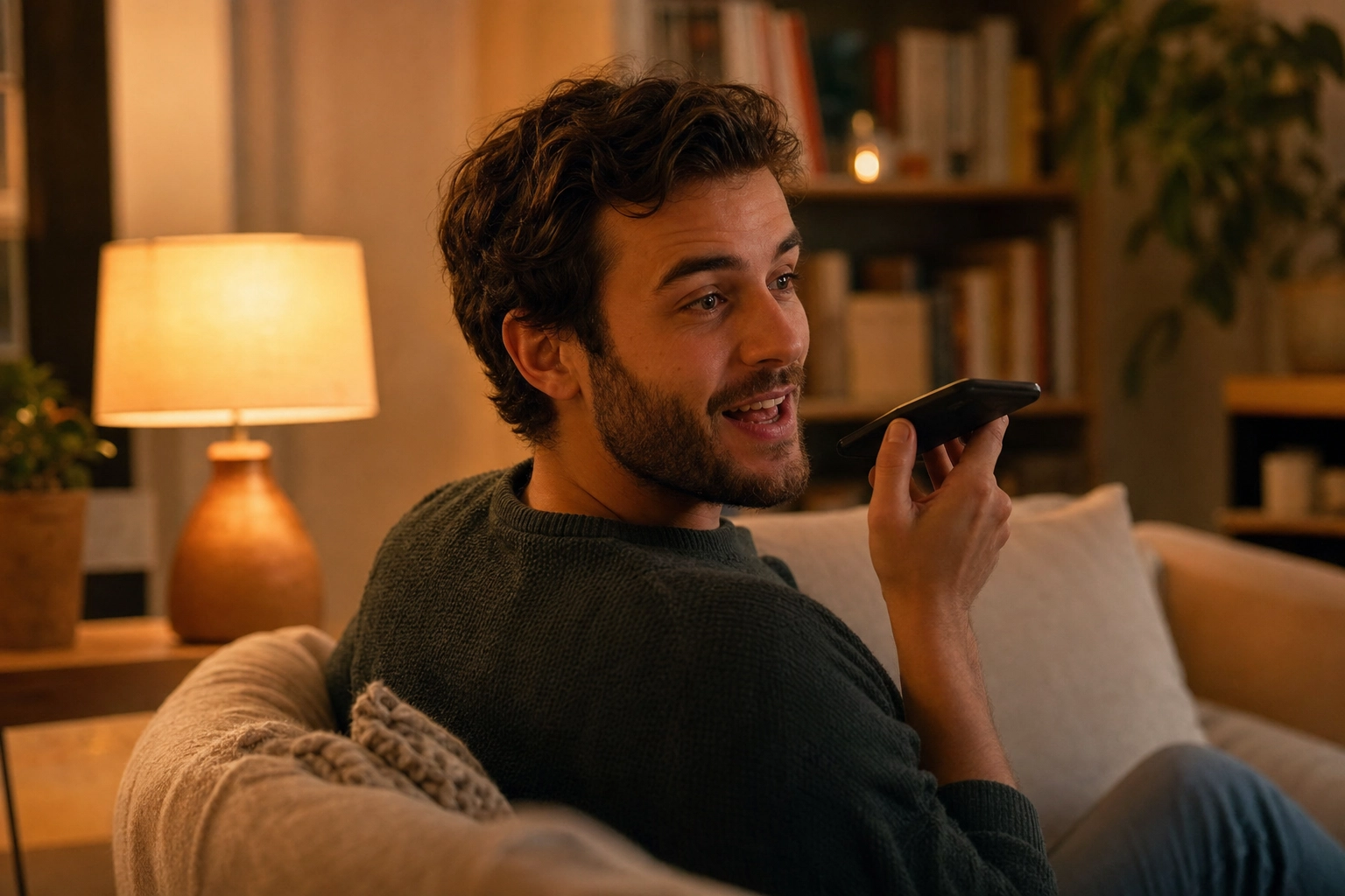 Man on a couch speaking into his phone in the evening, discussing a podcast episode aloud to practice English speaking