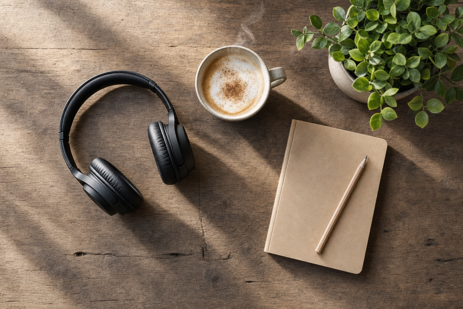 Overhead flat-lay of headphones, coffee and a notebook set up for an English podcast listening session