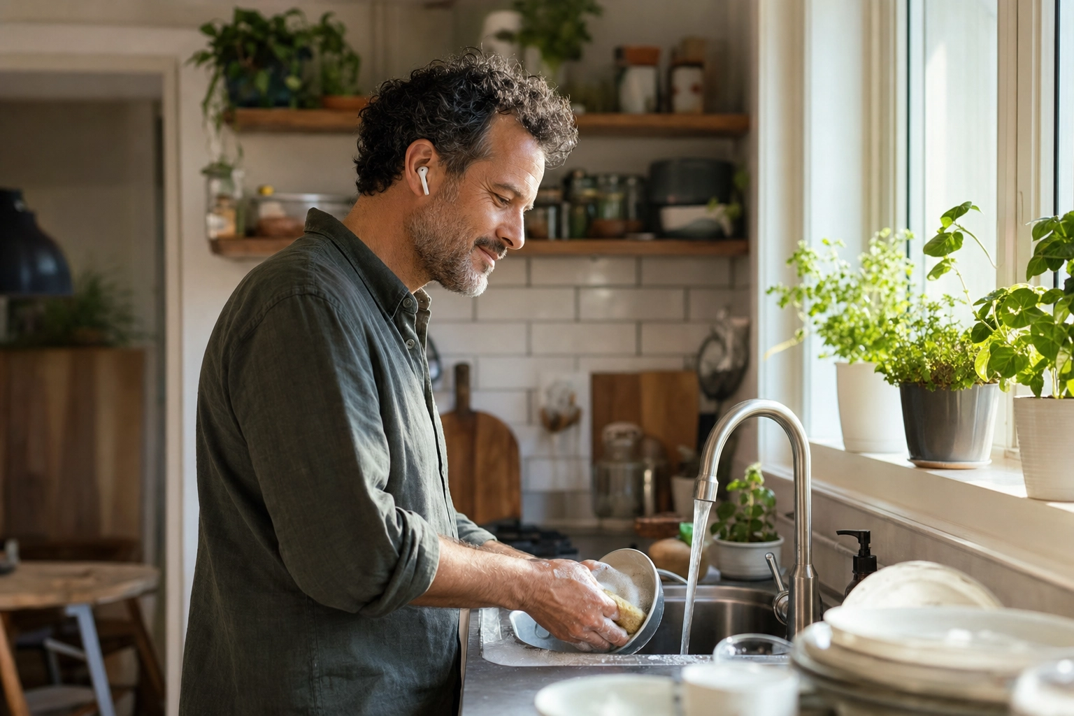 Man washing dishes with a wireless earbud, listening to an English podcast during everyday chores at home