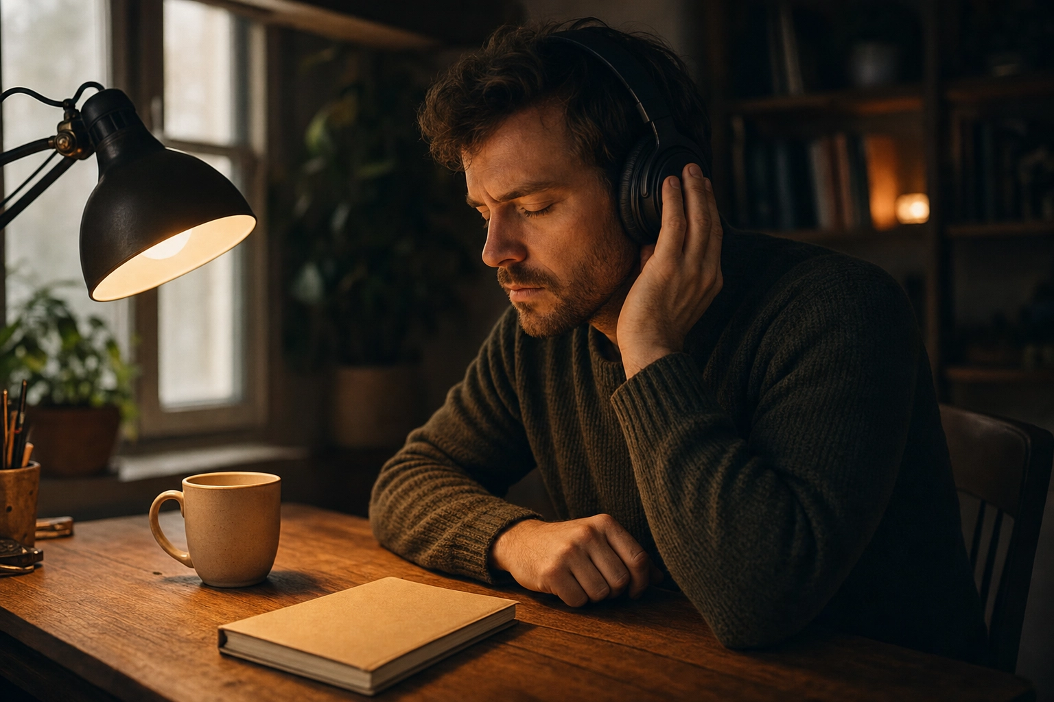 Man concentrating with headphones at a desk, practicing focused intensive listening to a short English podcast clip