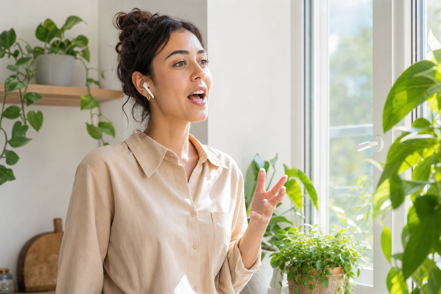 Woman with earbuds speaking aloud by a window, shadowing an English podcast to practice pronunciation and rhythm