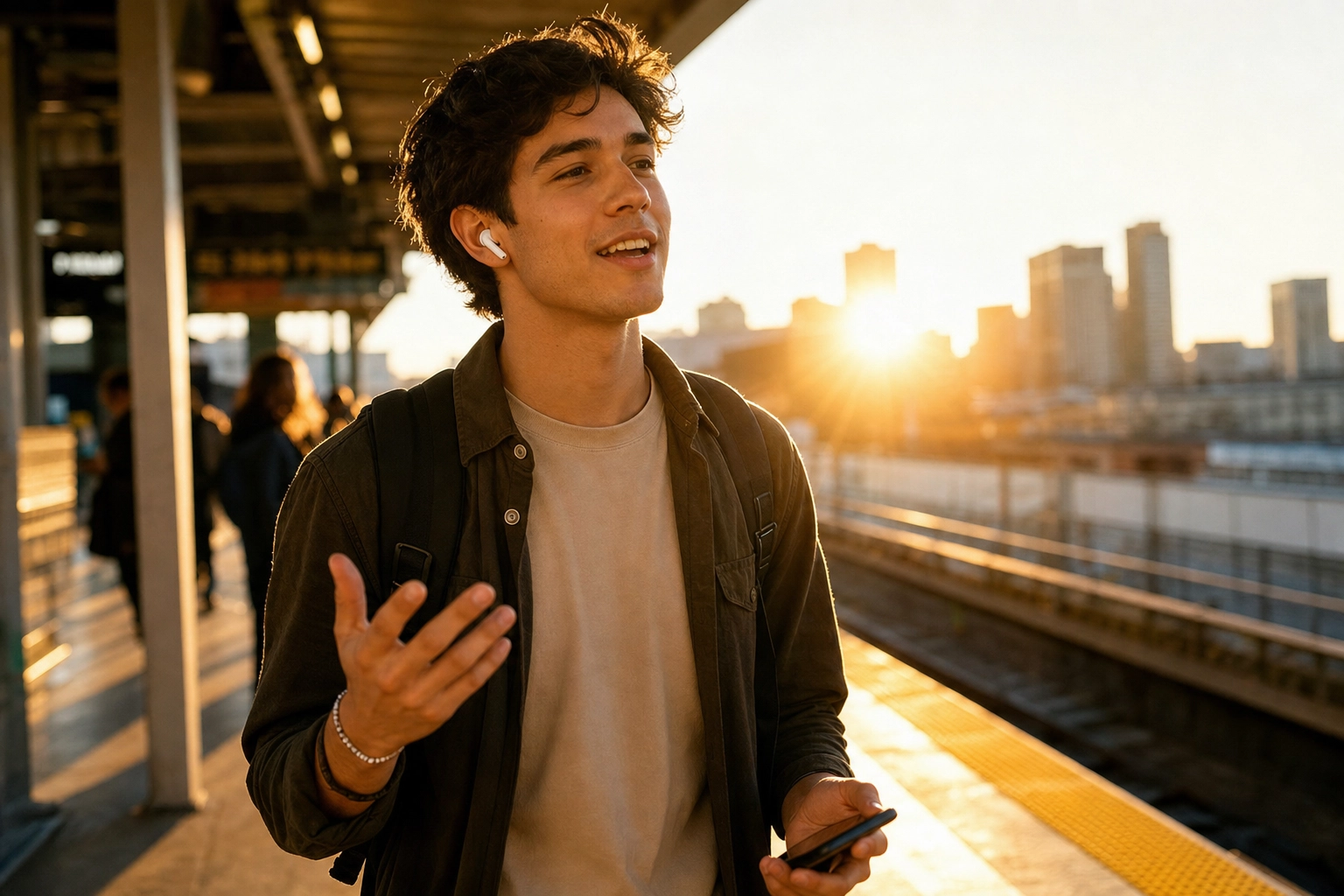 Commuter with earbuds practicing spoken English on his phone at golden hour