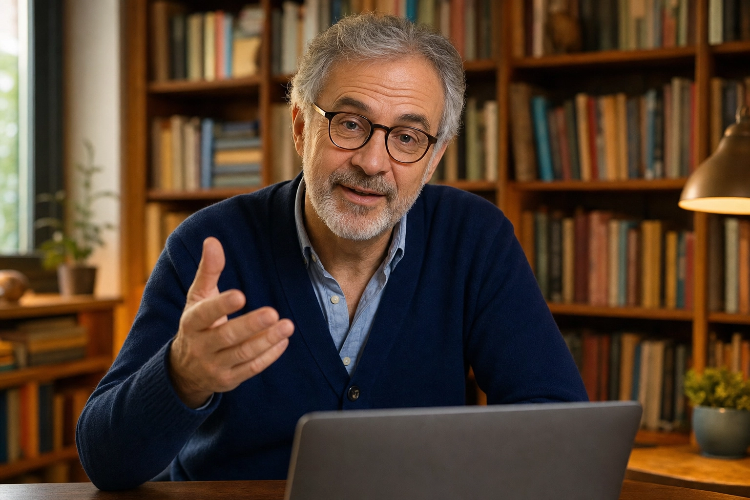 Certified English teacher explaining a lesson during an online class from a book-lined study
