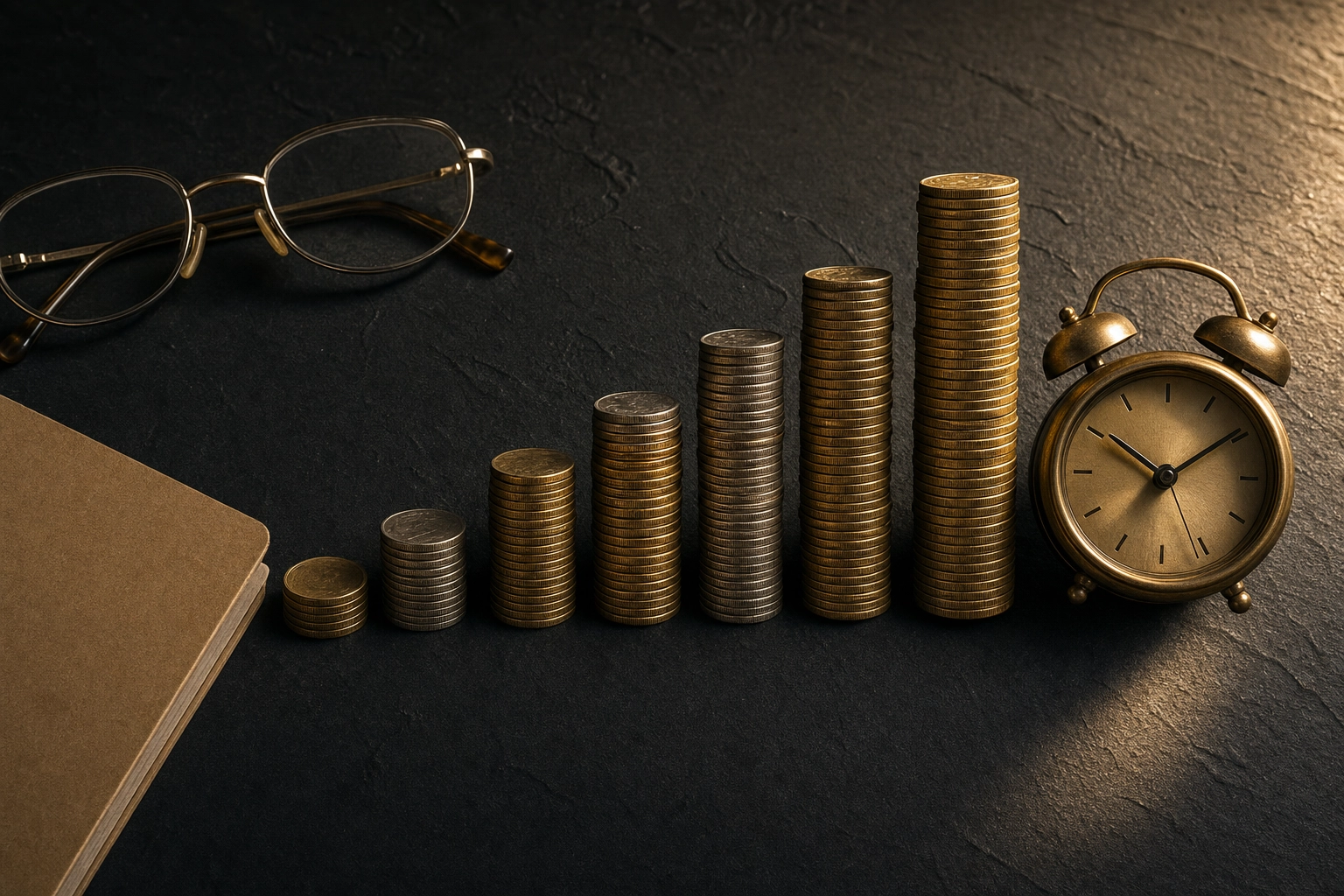 Stacks of coins beside a small clock representing Lingoda cost per class hour