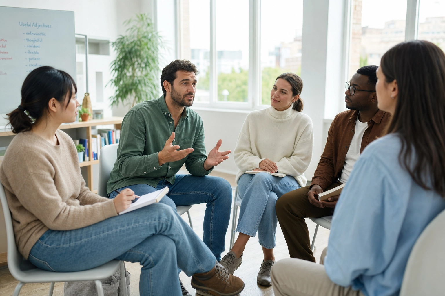 Small group of adult English learners with one person speaking while others wait their turn