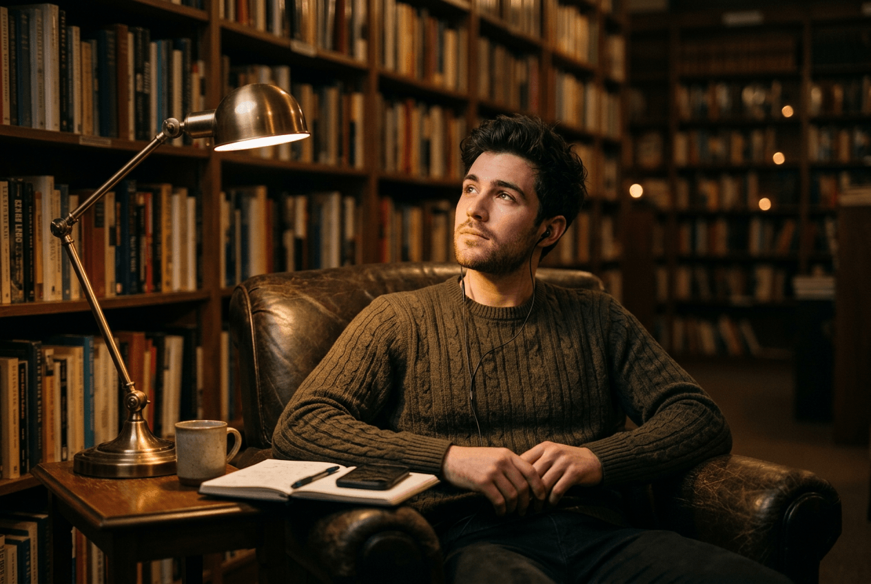 Young professional reflecting on English learning app choice in a quiet library setting