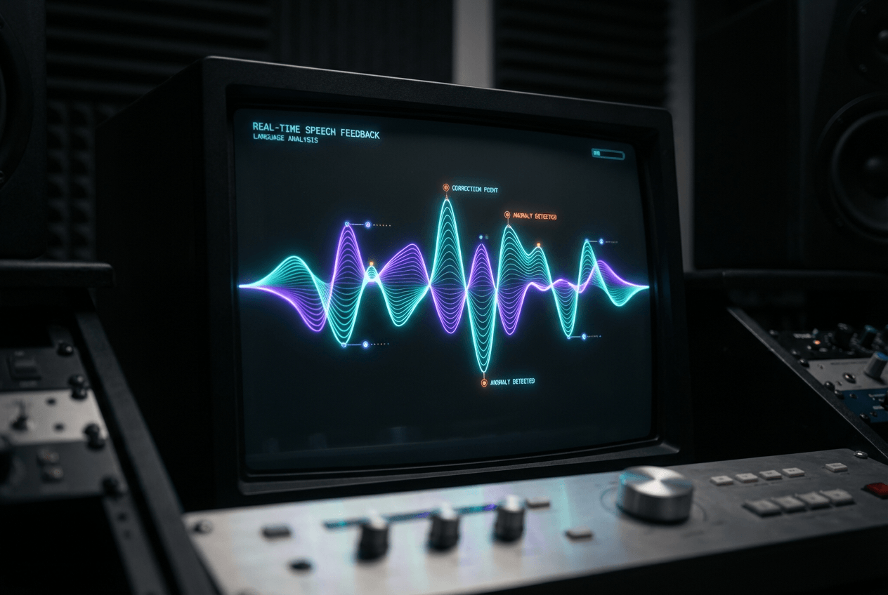 Glowing speech waveform visualization representing real-time English pronunciation and grammar feedback