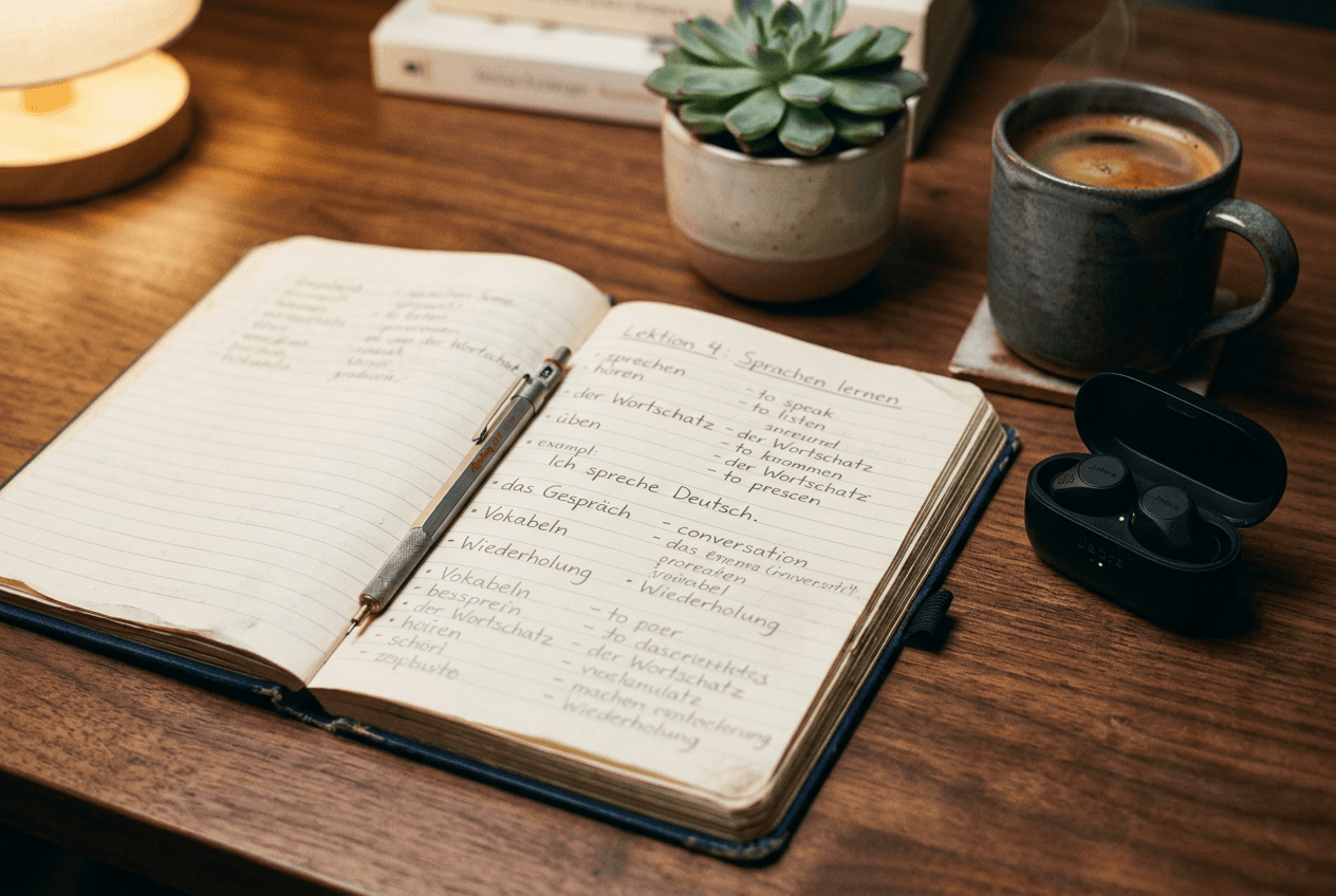 Handwritten English vocabulary notebook beside wireless earbuds showing study session after AI practice