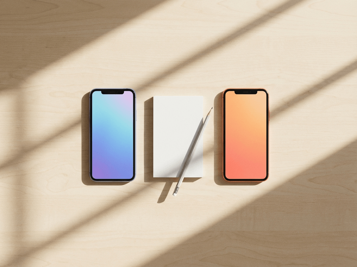 Two smartphones side by side on minimal desk comparing English language learning app options