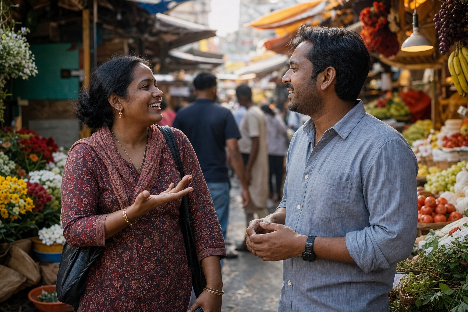 Two locals chatting and laughing at a busy outdoor market, showing the real native speech behind Memrise Learn with Locals clips