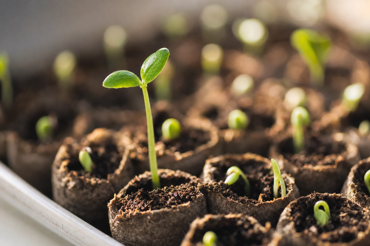 Rows of tiny seedlings at different growth stages in soil pods, a metaphor for Memrise spaced repetition moving words into memory