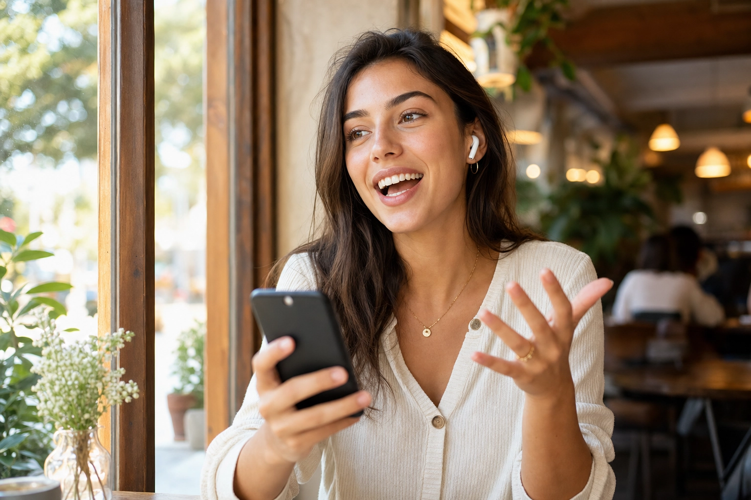 A woman speaking and gesturing confidently by a café window with an earbud in, illustrating free-form AI voice conversation practice