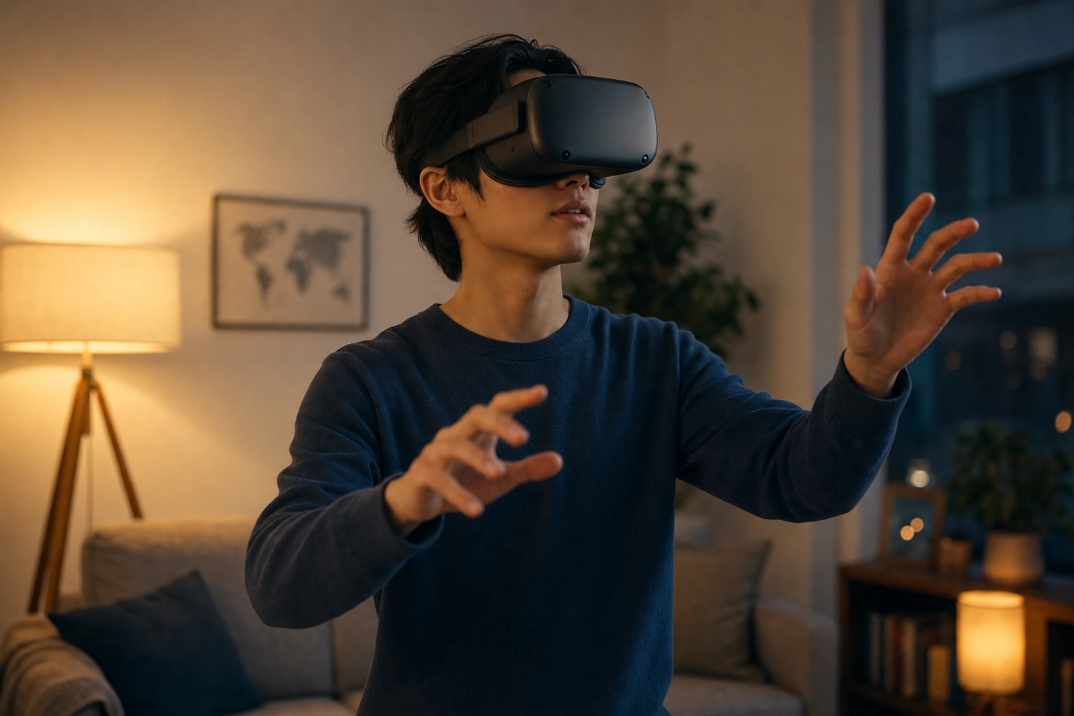 A person wearing a VR headset gesturing in a warm living room, illustrating Mondly's immersive AR and VR language practice