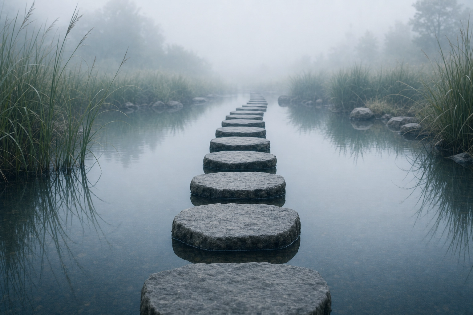 A fixed single line of stepping stones across a still pond, a metaphor for Mondly's scripted, on-rails chatbot conversation