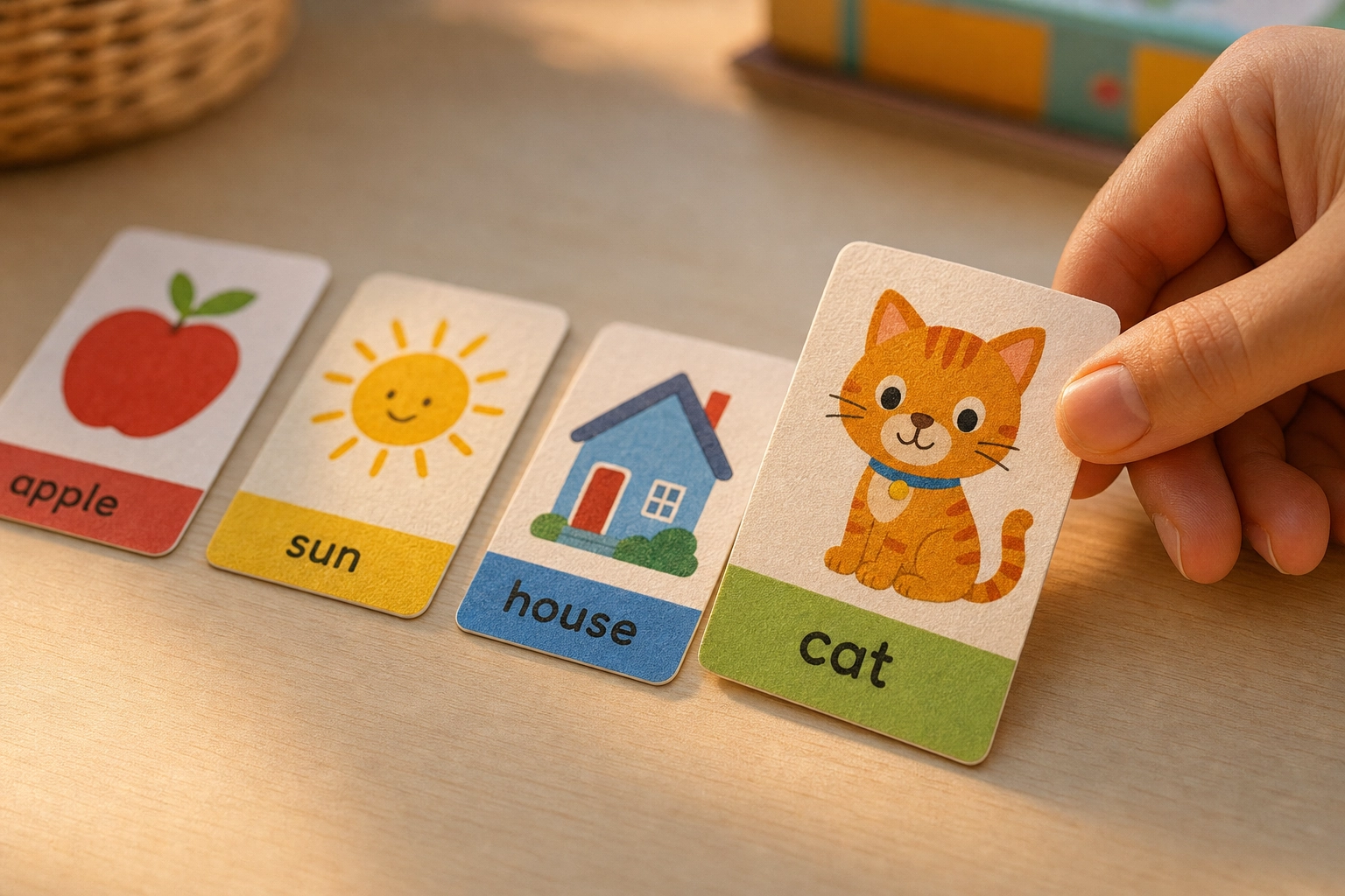 A hand arranging colorful picture-word flashcards on a table, illustrating Mondly's bite-sized vocabulary lessons