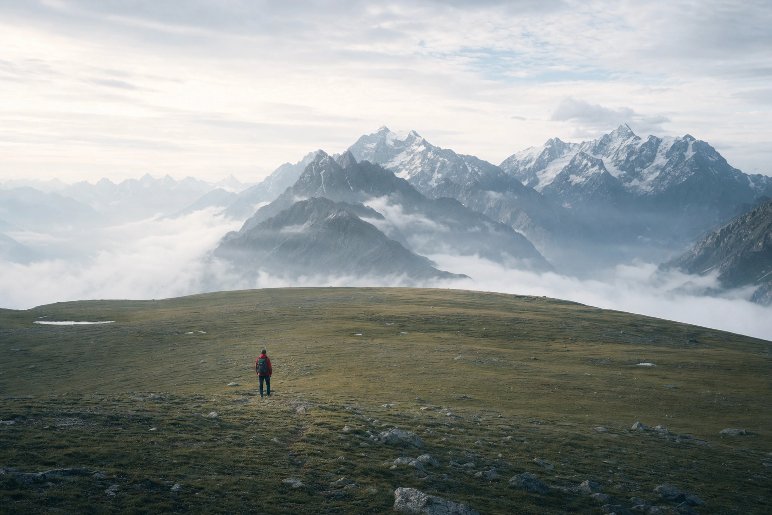 A lone hiker on a flat plateau with higher peaks ahead, a metaphor for Mondly plateauing before full English fluency