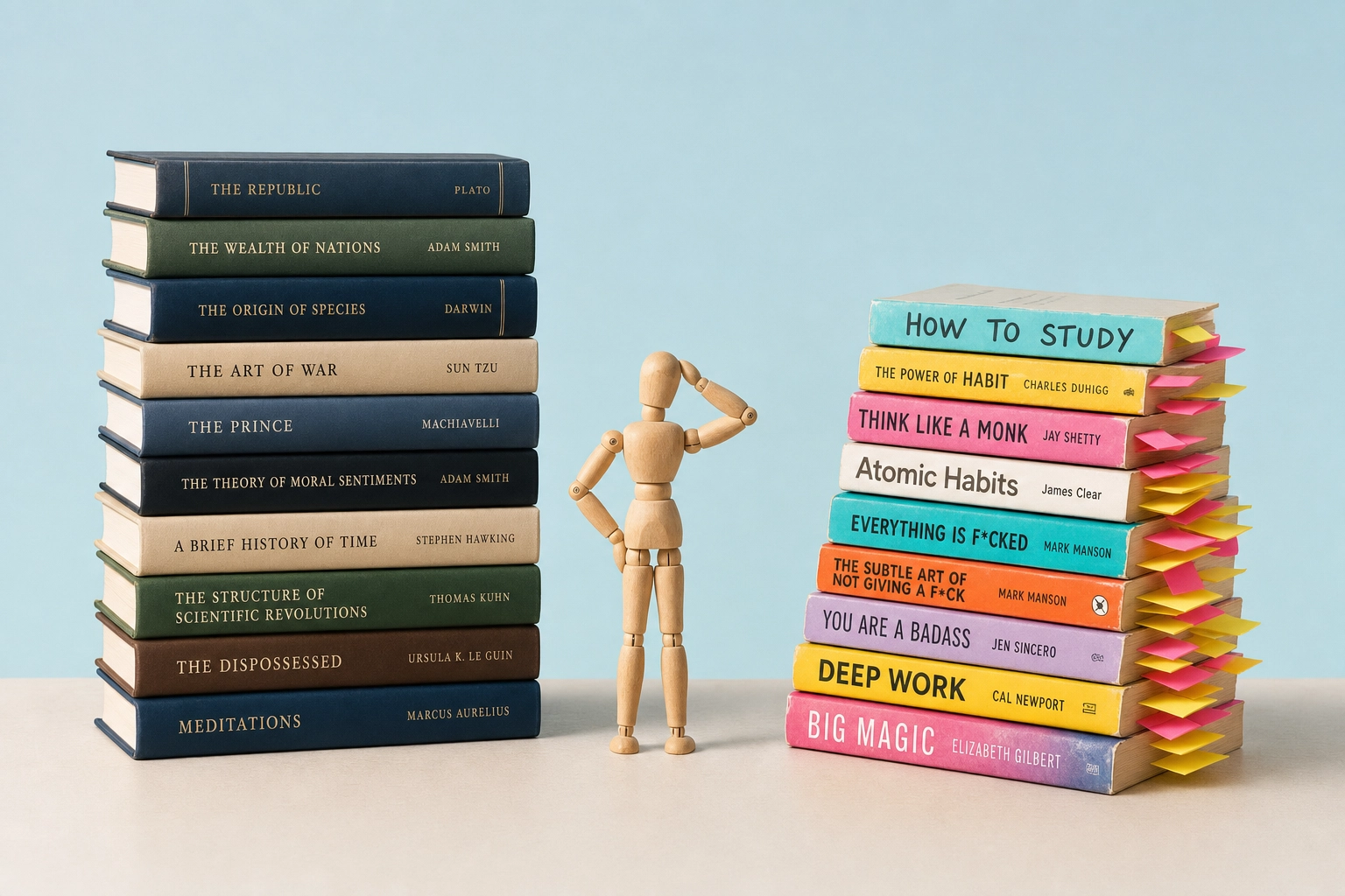 Two contrasting stacks of books, structured versus playful, representing the choice between Babbel and Mondly learning styles