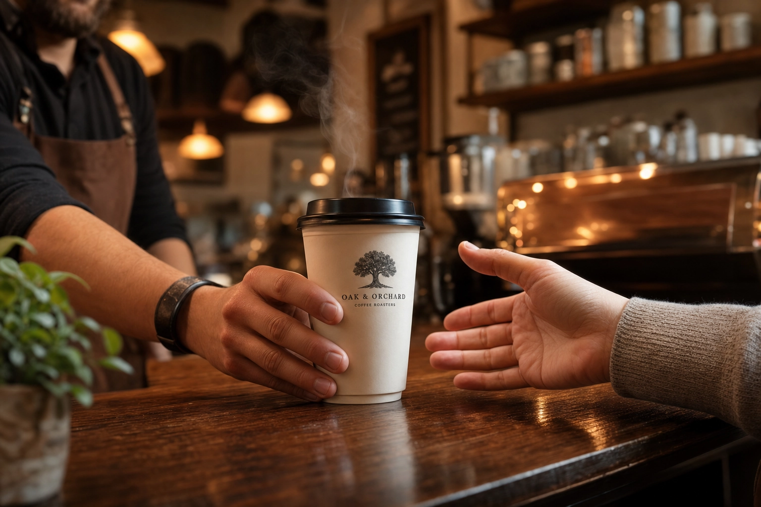 Barista a entregar um copo de café de papel para levar a um cliente ao balcão de um café