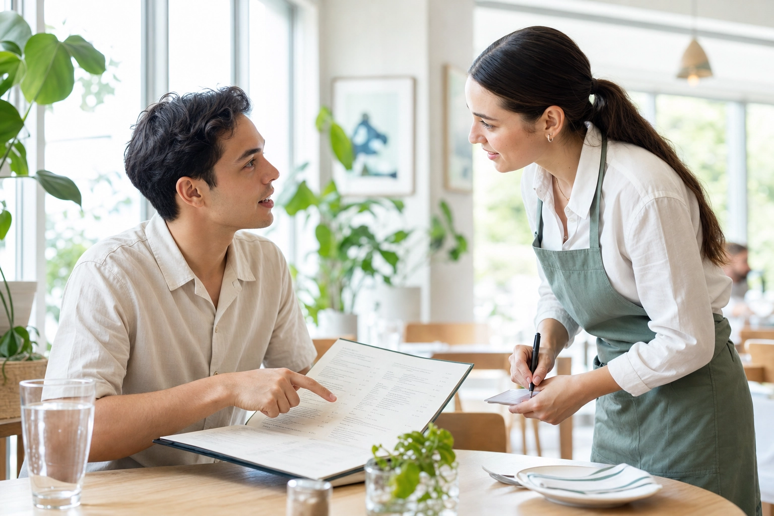 Cliente a apontar para o menu para explicar uma restrição alimentar enquanto o empregado ouve com atenção