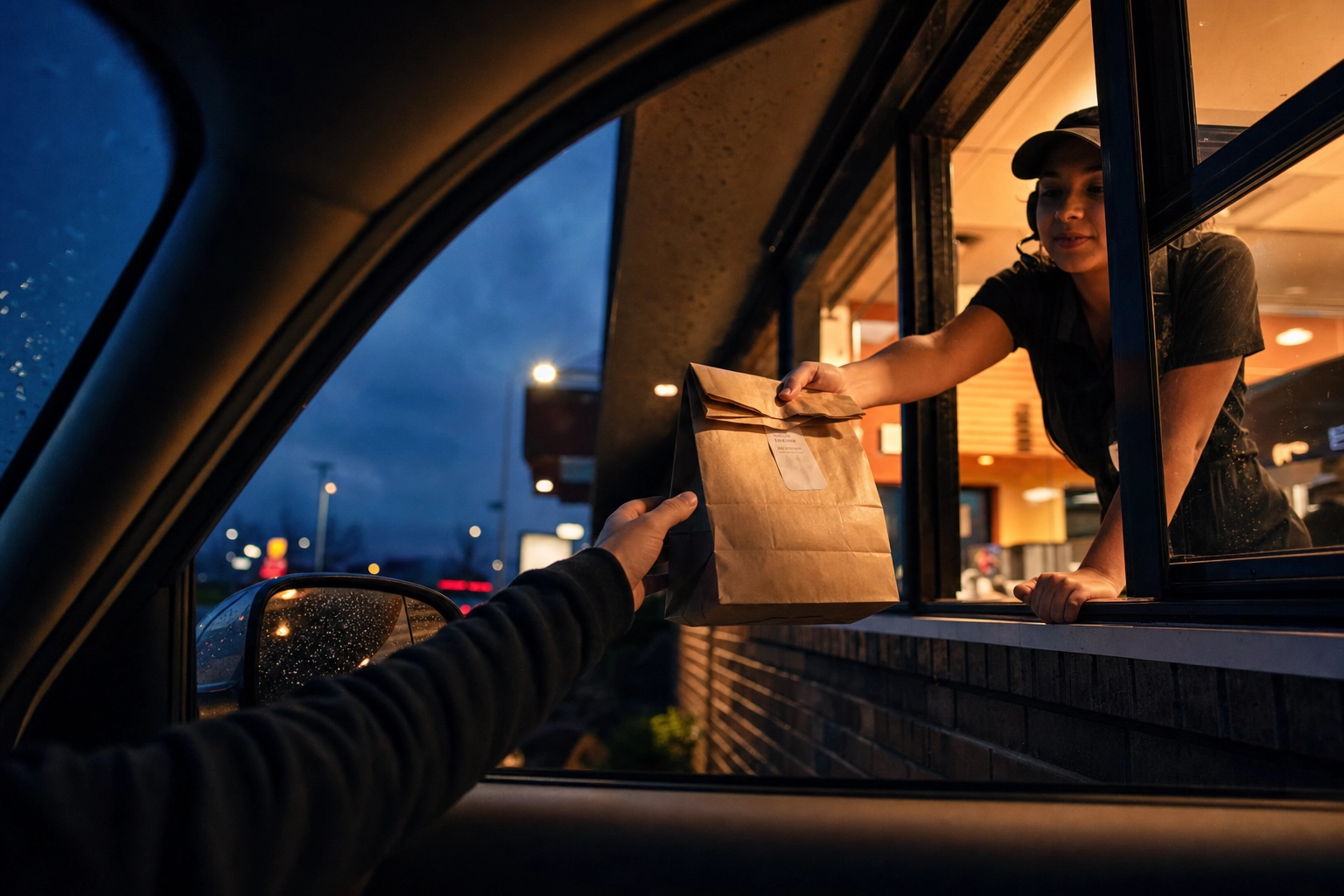 Condutor a receber um saco de comida para levar de um funcionário numa janela de drive-through iluminada ao anoitecer
