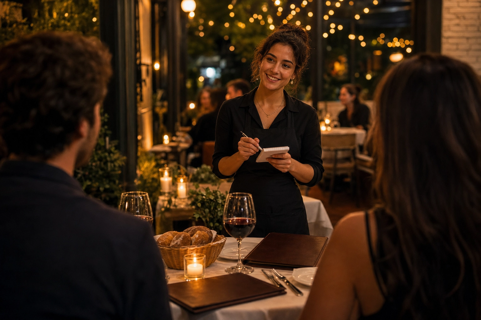 Empregado de restaurante a anotar o pedido de um casal numa mesa à luz das velas, à noite