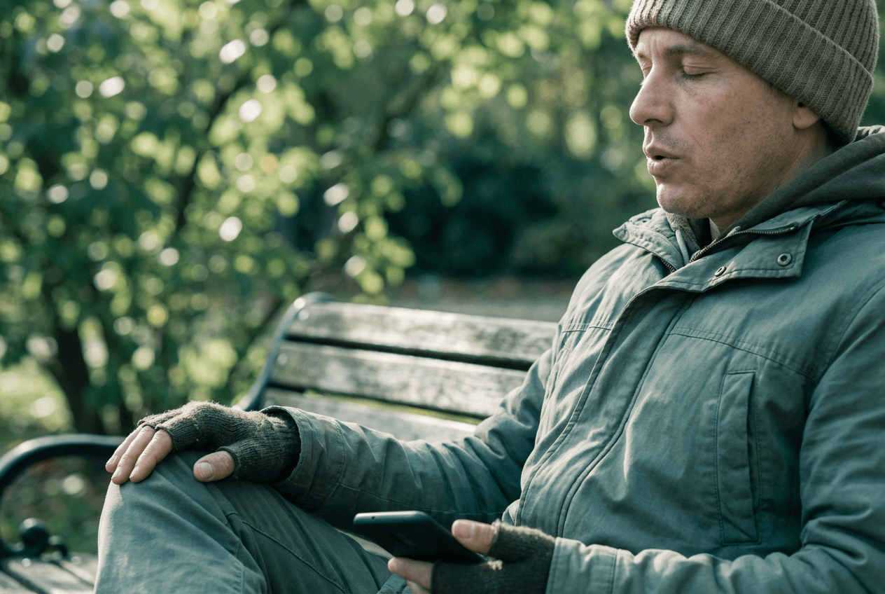 Person practicing calming box breathing exercise on a park bench before speaking English