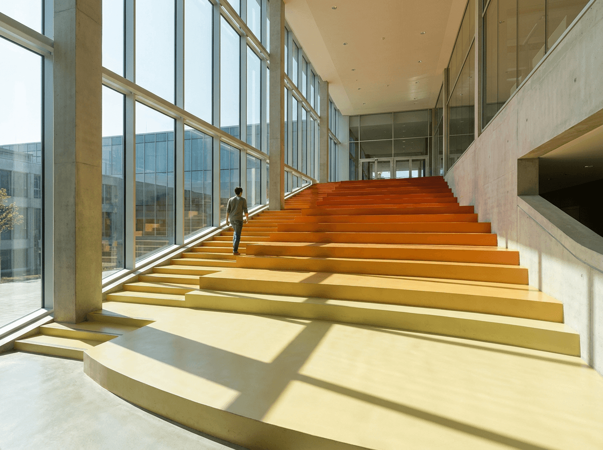 Person climbing colorful staircase representing graduated exposure steps to English speaking confidence