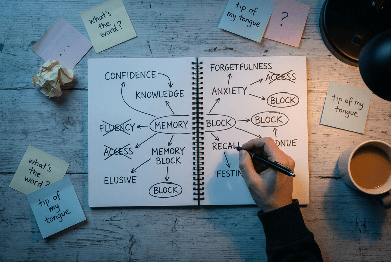 Overhead view of English study notebook with scattered notes showing the gap between knowledge and speaking confidence