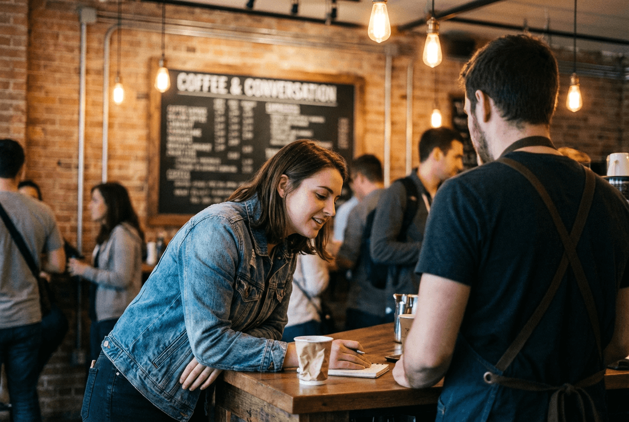Woman ordering coffee at a café counter practicing real-world English conversation