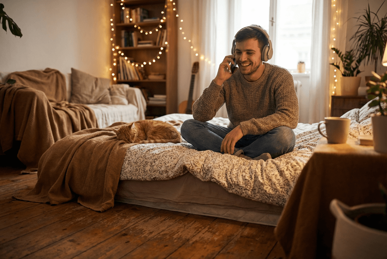 Young man practicing English speaking on his phone in a cozy private bedroom with relaxed expression