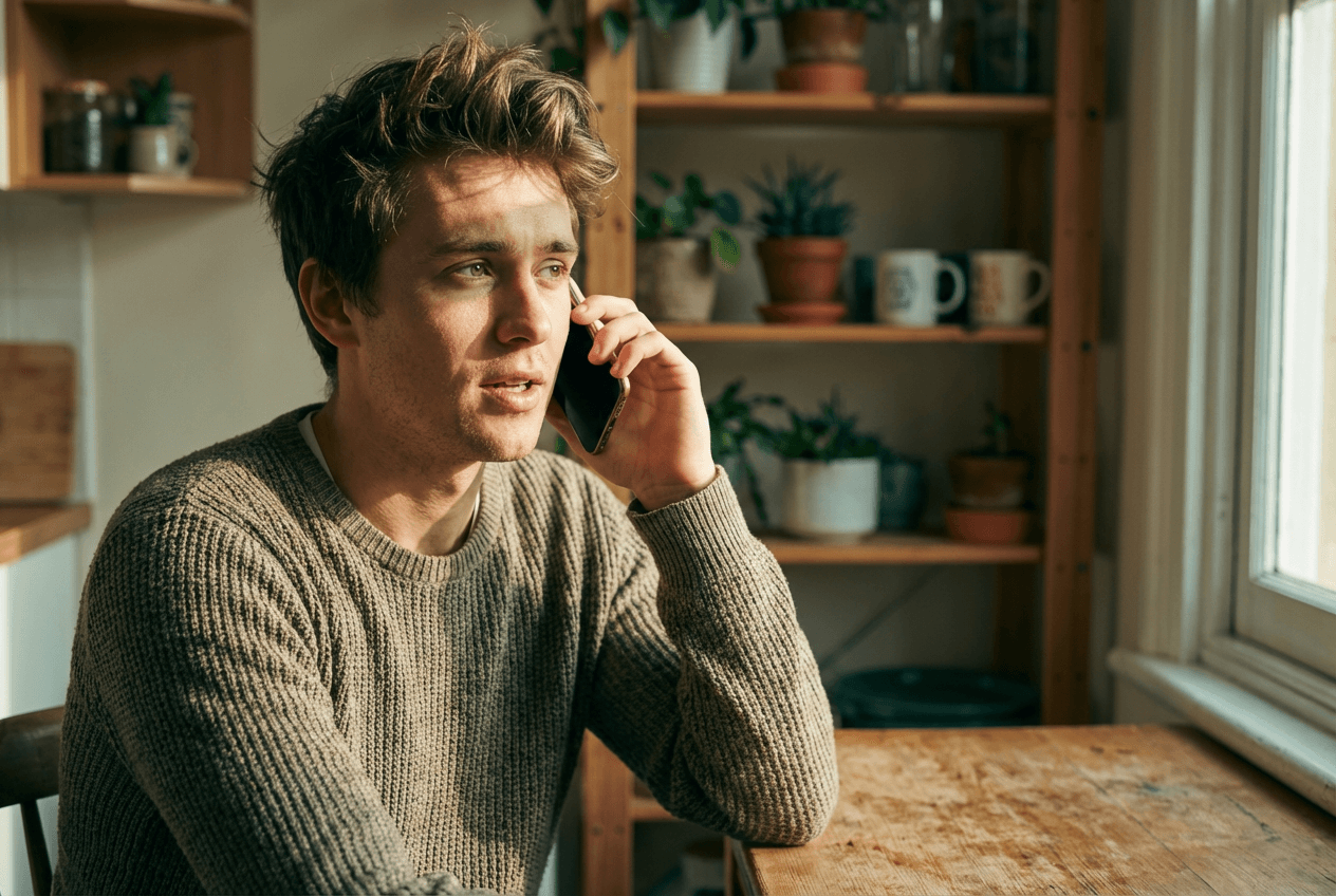 English learner practicing speaking with AI conversation partner on smartphone at home