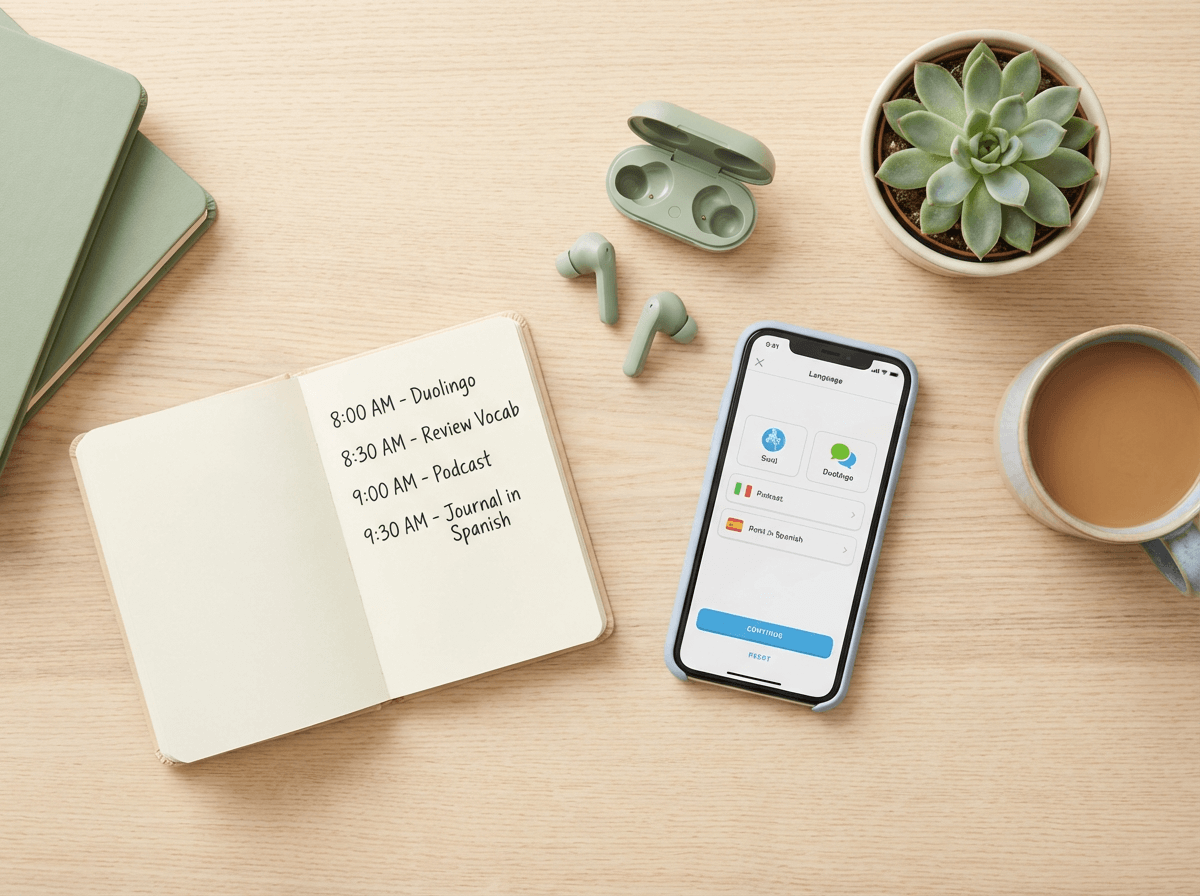 Daily English speaking practice routine essentials arranged on a desk for consistent learning