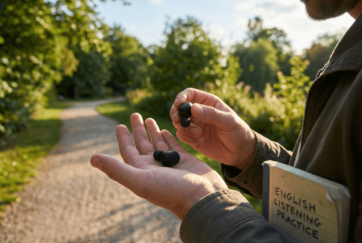 Wireless earbuds ready for English speaking practice with shadowing and song techniques outdoors
