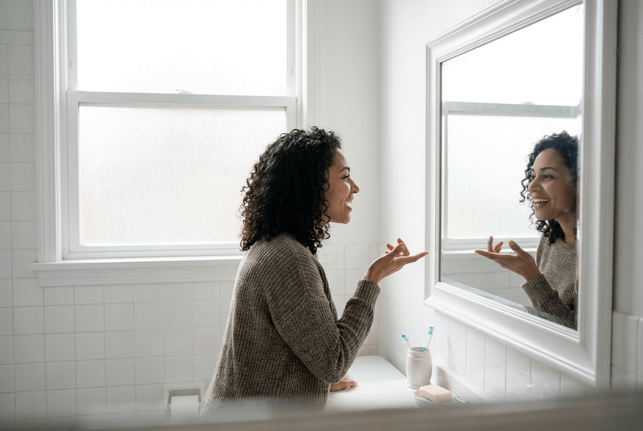 Woman practicing English speaking in front of a bathroom mirror for confidence building