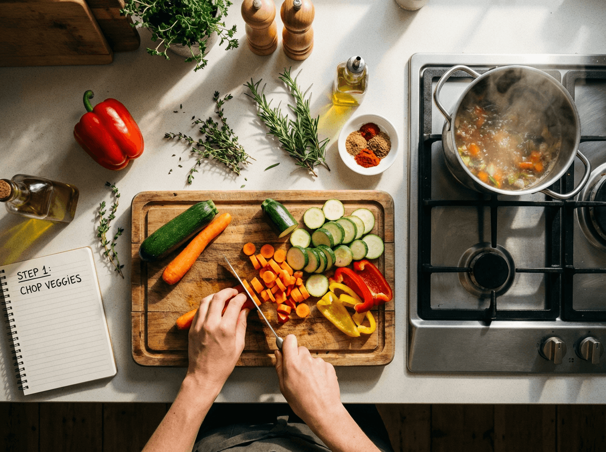 Kitchen cooking scene representing narrating daily activities in English for speaking practice