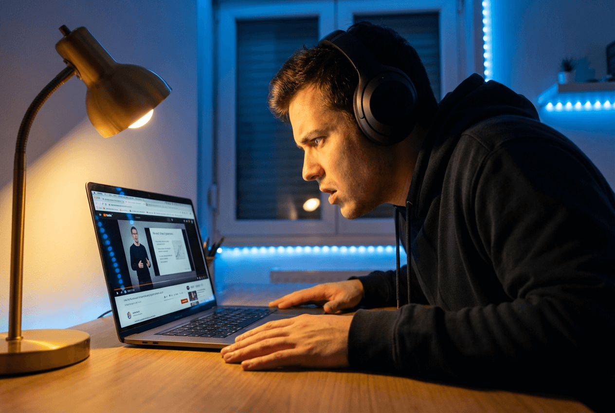 Person shadowing a native English speaker with headphones during pronunciation practice