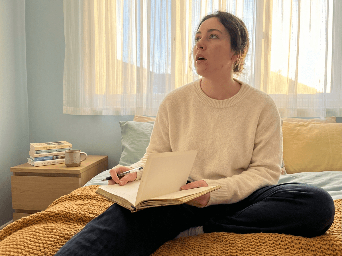 Person thinking and speaking in English aloud during a calm morning practice session at home