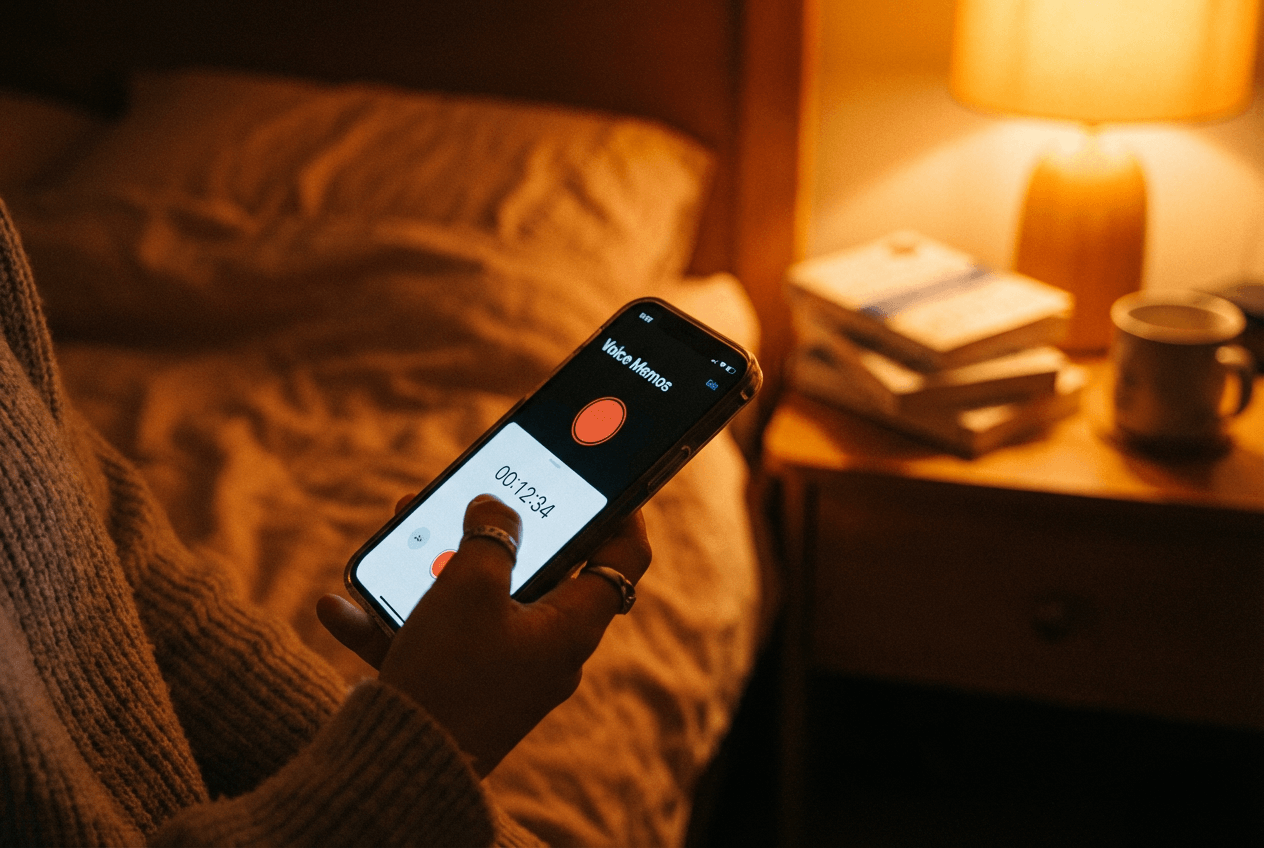 Smartphone voice recorder being used for a daily English speaking diary exercise