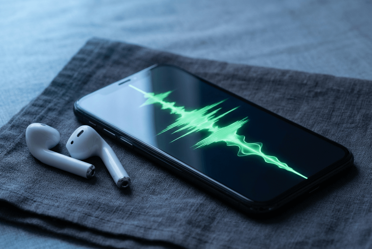 Smartphone displaying audio waveform from AI English speaking practice session with earbuds