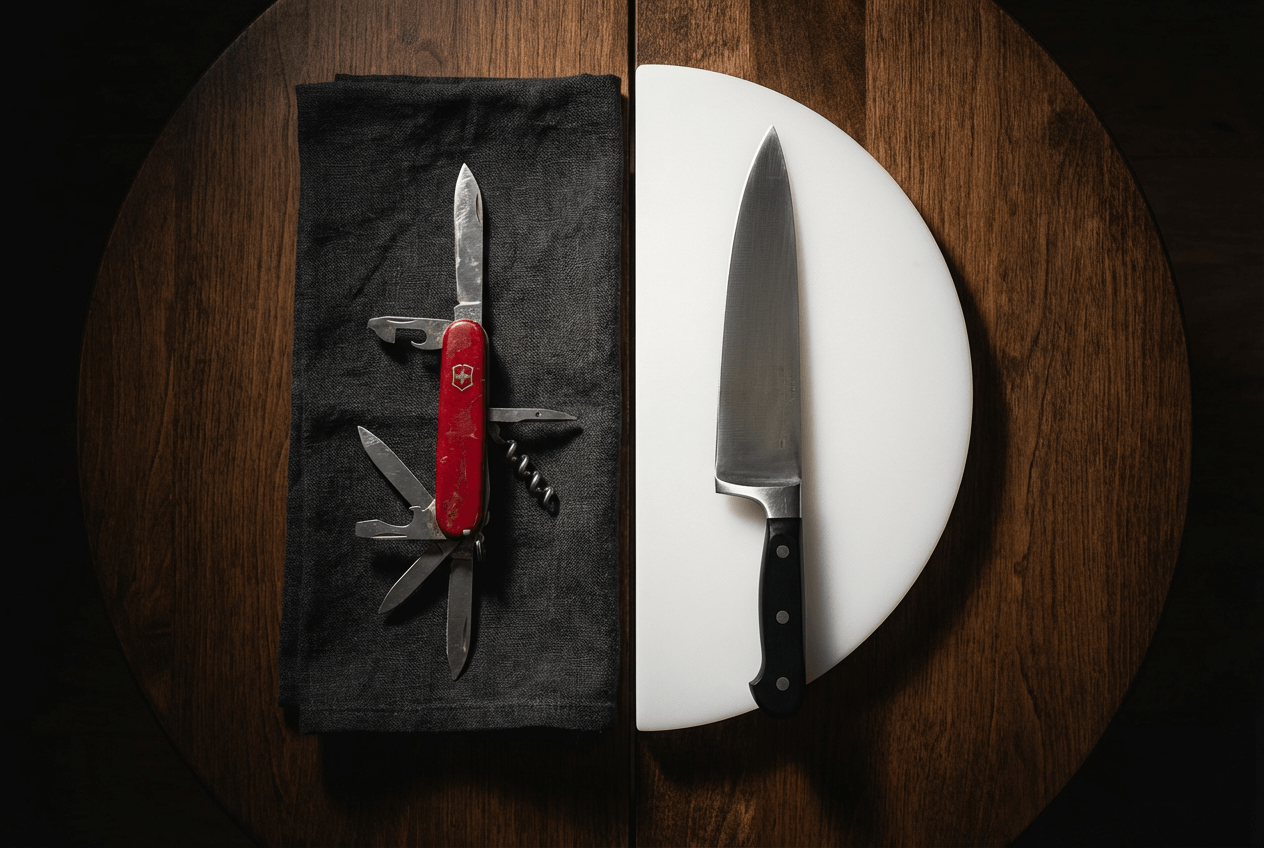 Swiss Army knife versus chef knife comparison representing ChatGPT versus purpose-built English speaking apps