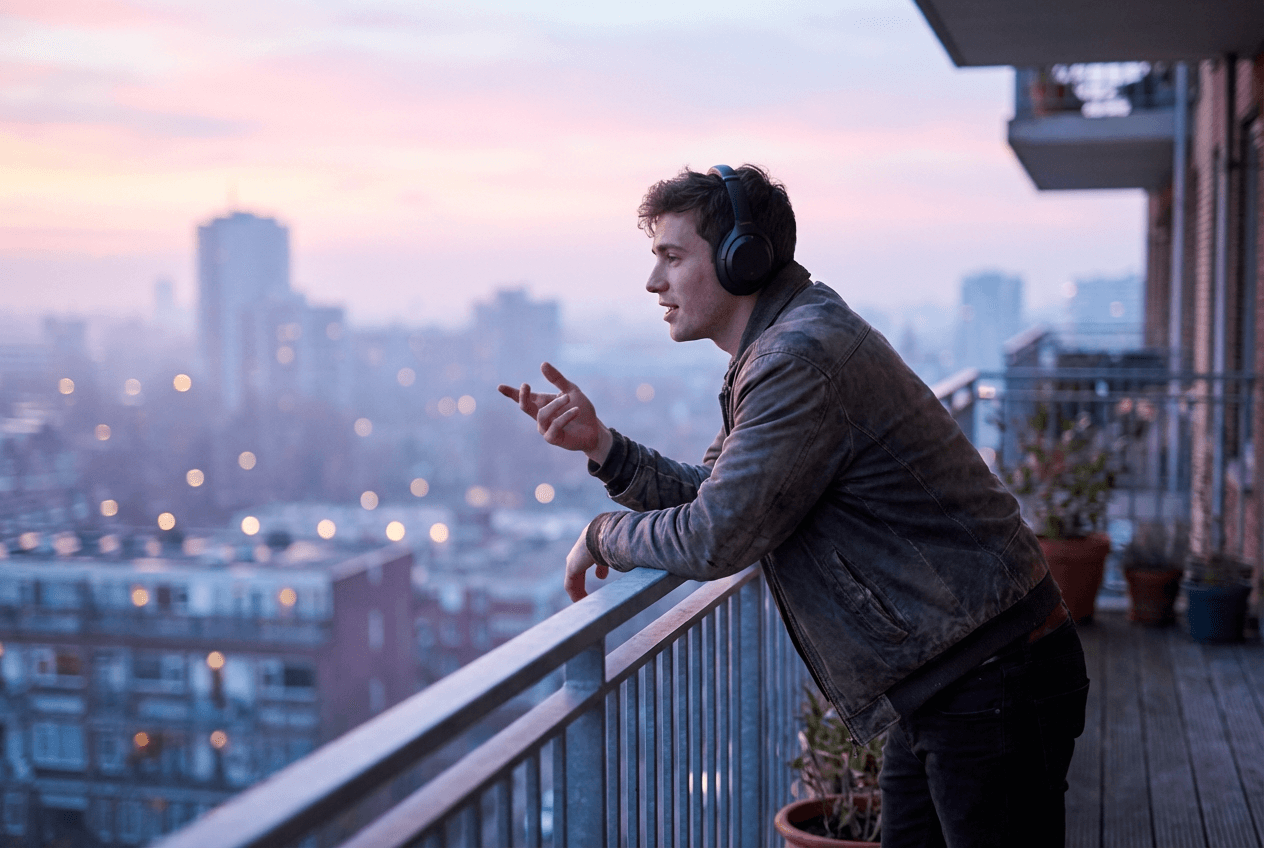 Man practicing English speaking aloud on a balcony at dawn, building daily conversation confidence