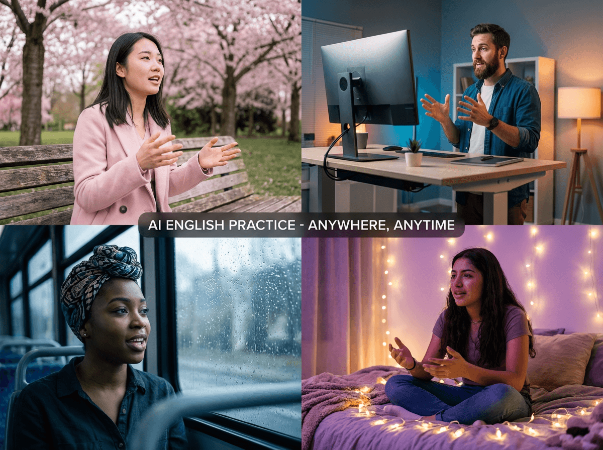 Diverse learners practicing English speaking with AI across different settings worldwide