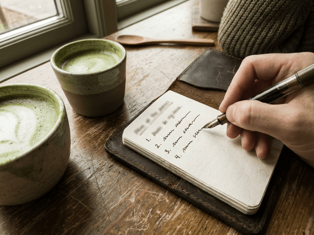 Structured English speaking practice session plan written in a notebook at a café table
