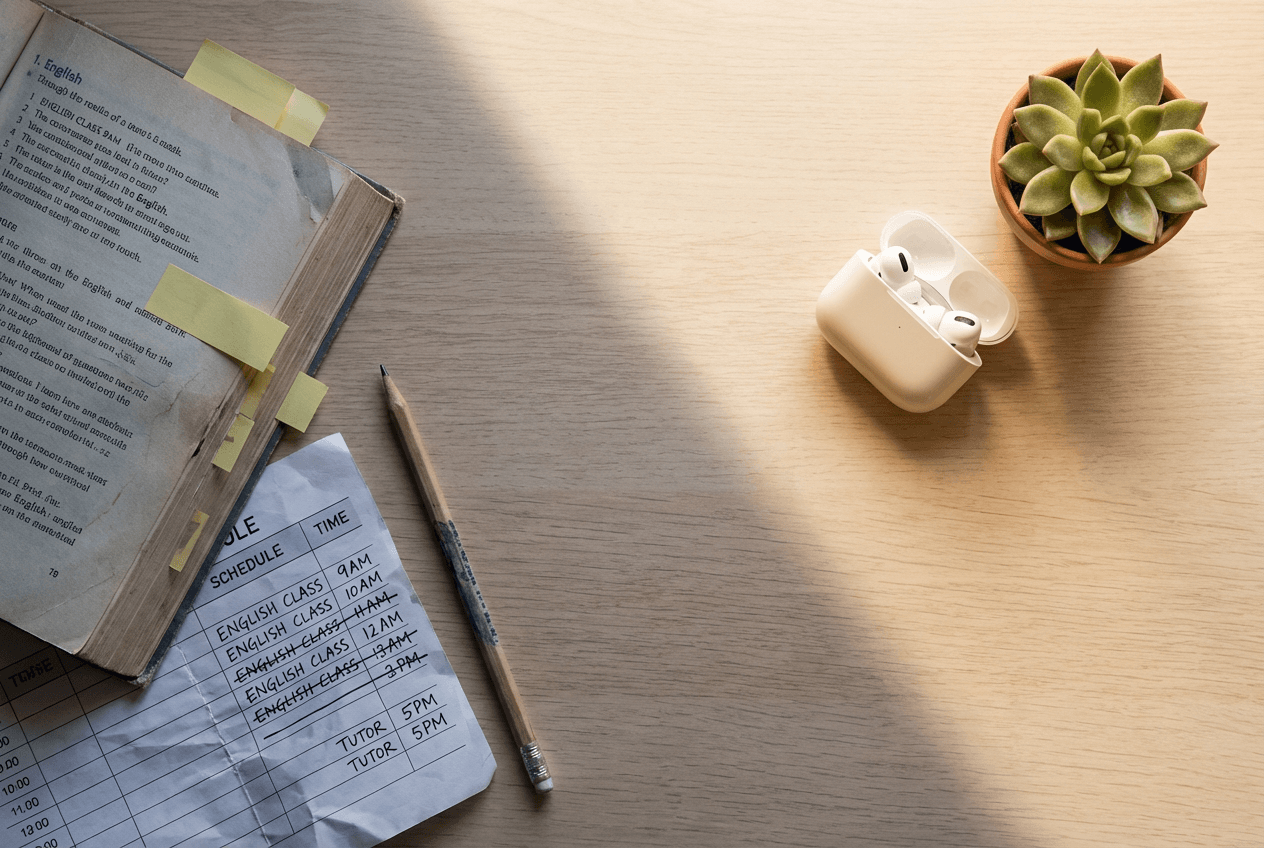 Flat-lay comparison of traditional English learning materials versus modern AI-powered speaking practice tools