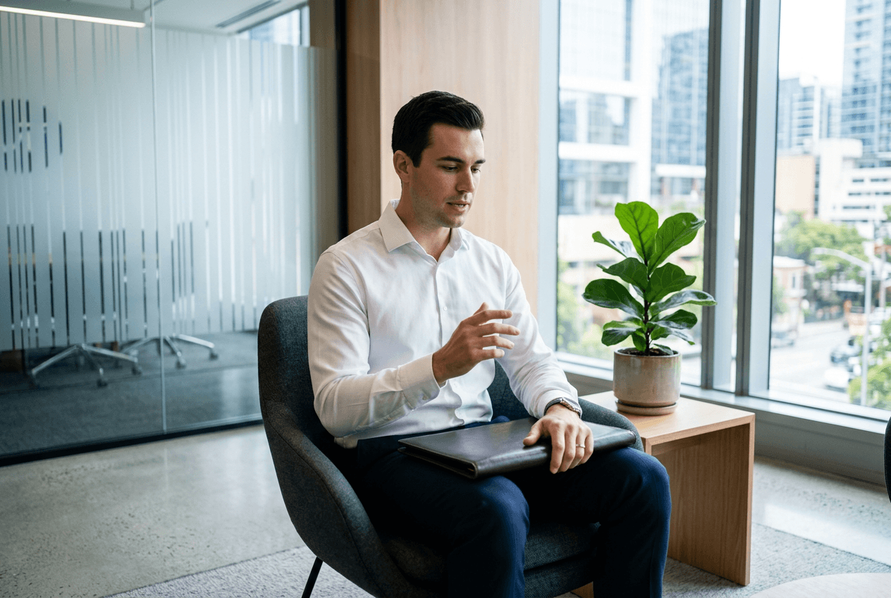 Professional preparing for a job interview by practicing English speaking skills