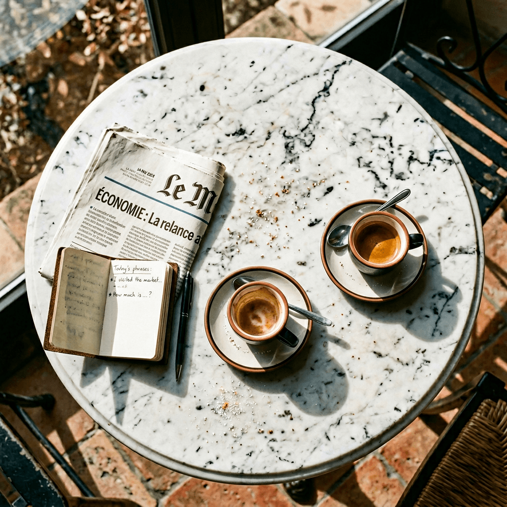 Coffee table scene suggesting English language practice before travel abroad