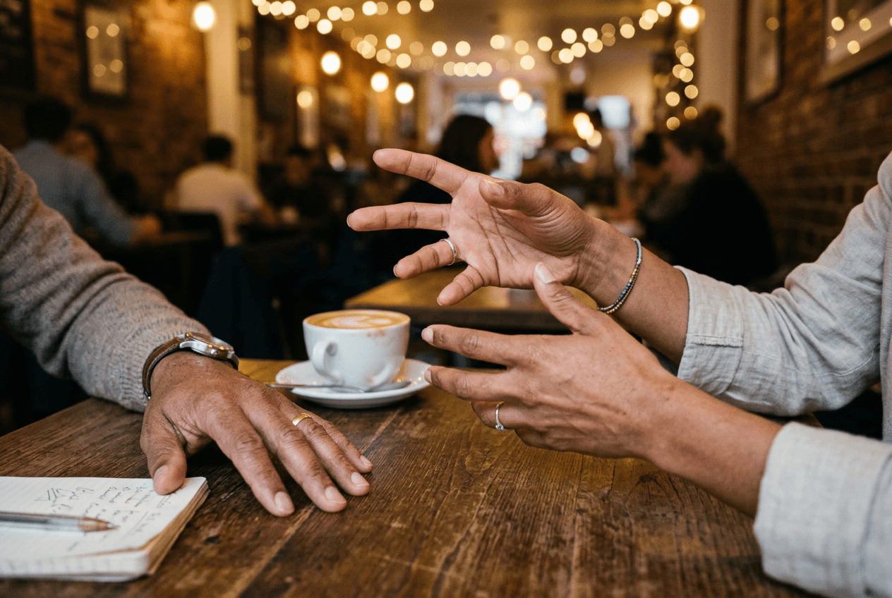 Hands gesturing during an English conversation at a café showing real-world speaking practice