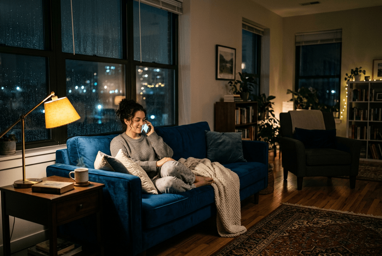 Learner practicing English speaking with AI tutor during a relaxed evening at home